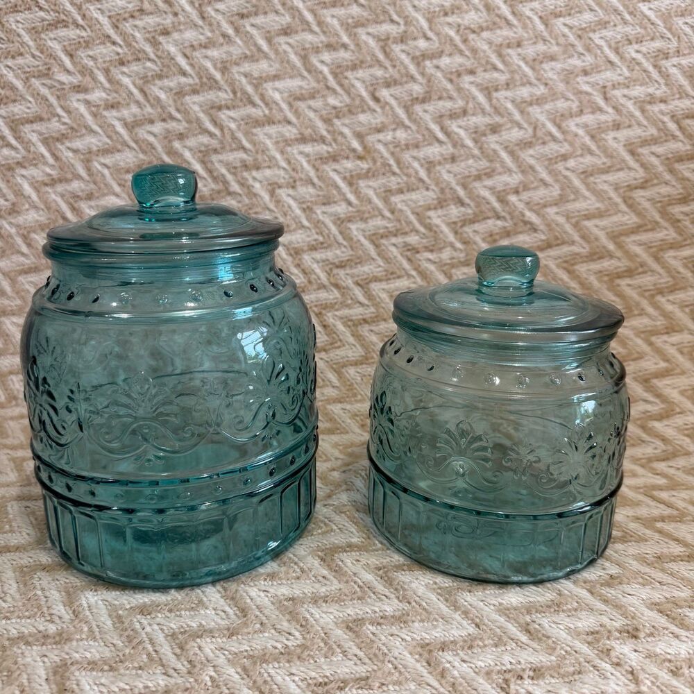 The Pioneer Woman Cassie Embossed Blue Glass Floral Canister Set of 2 With Lids